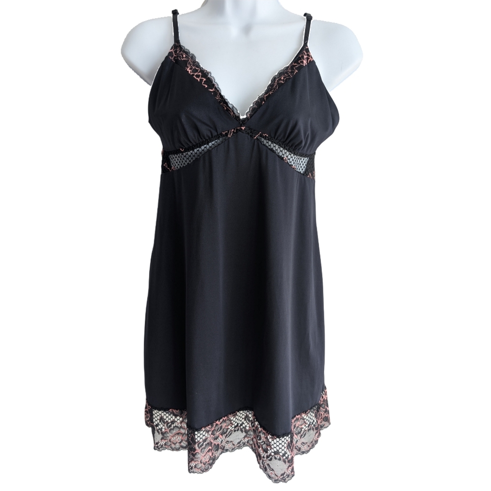 La Senza Women's Medium Black‎ Mesh Panel Lace Trim Midi Full Slip Dress
